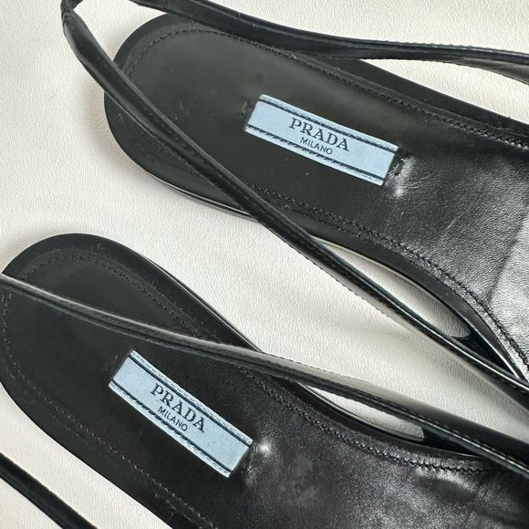 PRADA Black Slingback Ballet Flats 40 US 9.5 Point Toe Logo Flat Brushed Leather - Picture 8 of 15